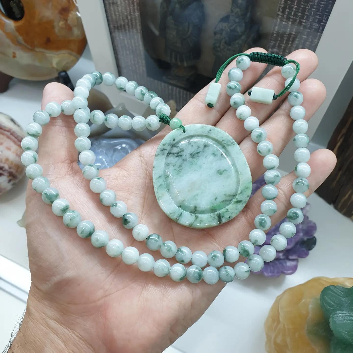 Jade Dragon on Moss in Snow Jade Beaded Necklace (27") | Fei Cui Type A Jadeite
