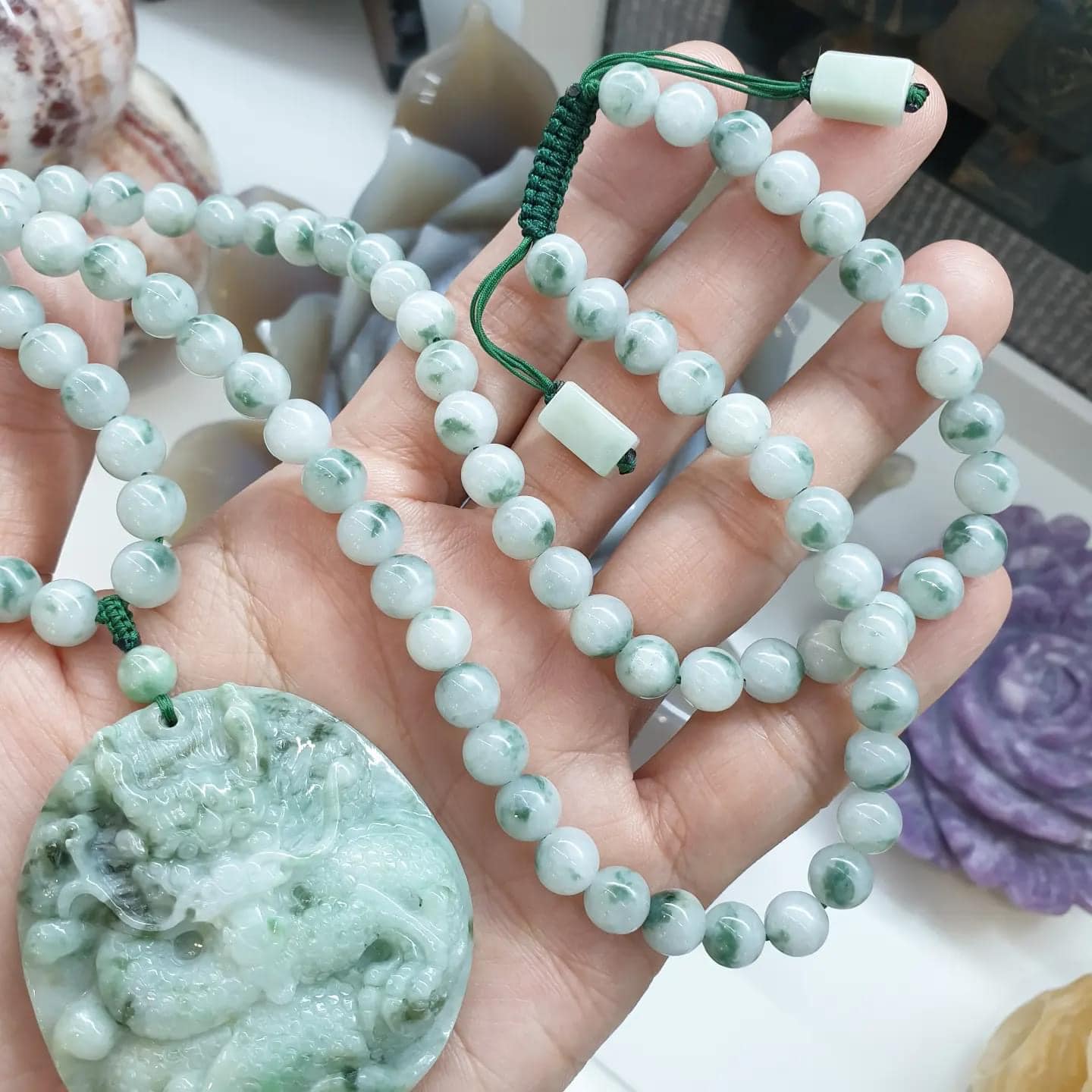 Jade Dragon on Moss in Snow Jade Beaded Necklace (27") | Fei Cui Type A Jadeite