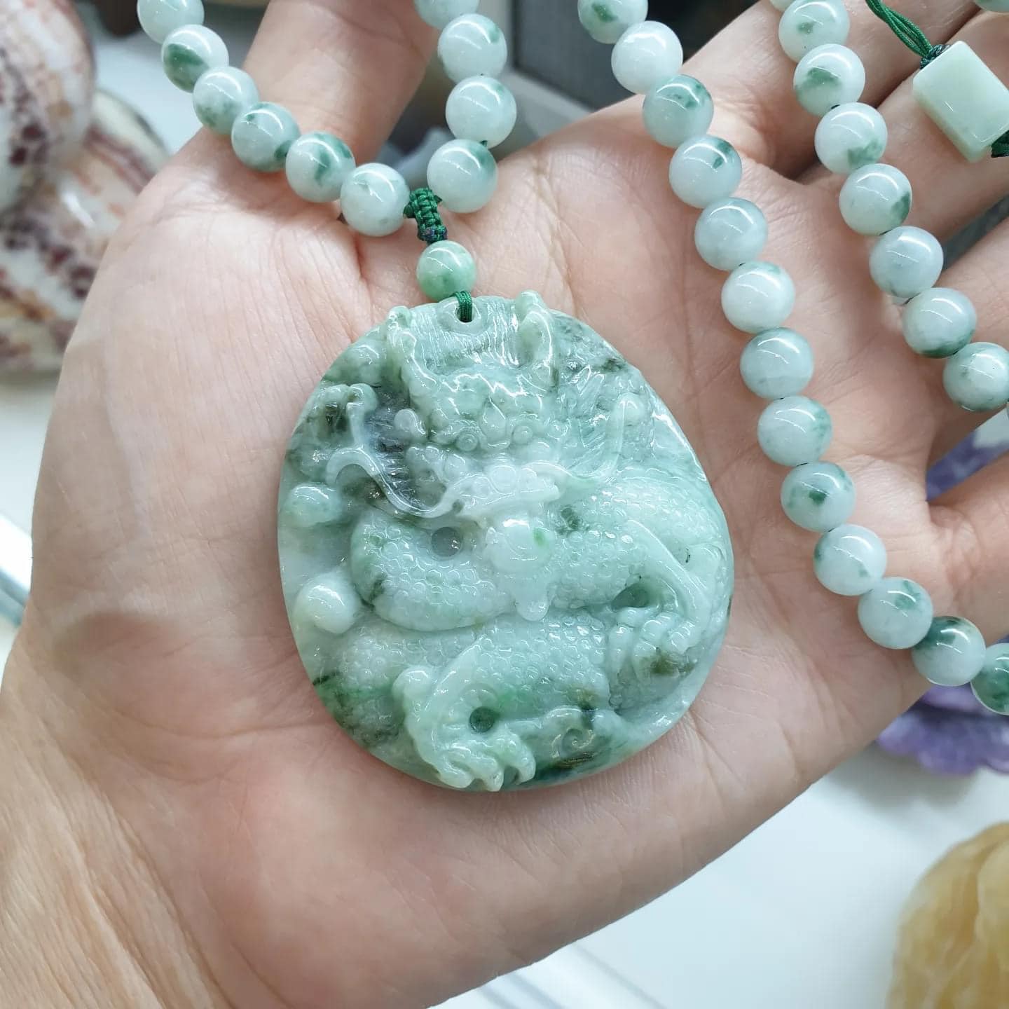Jade Dragon on Moss in Snow Jade Beaded Necklace (27") | Fei Cui Type A Jadeite