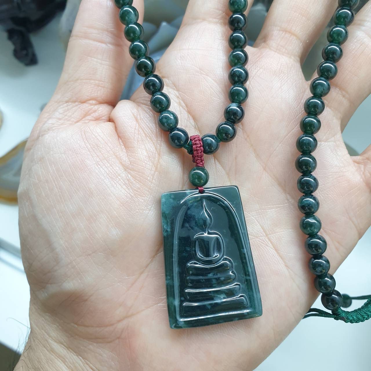 Blue Jade Buddha Beaded Necklace (27") | Fei Cui Type A Jadeite