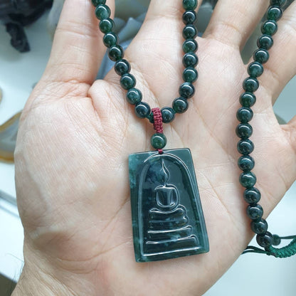 Blue Jade Buddha Beaded Necklace (27") | Fei Cui Type A Jadeite