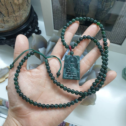 Blue Jade Buddha Beaded Necklace (27") | Fei Cui Type A Jadeite