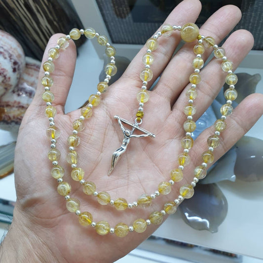 Rutilated Quartz Rosary Necklace Natural Stone Beads + Sterling Silver | Gift Idea for Him or Her 🎁