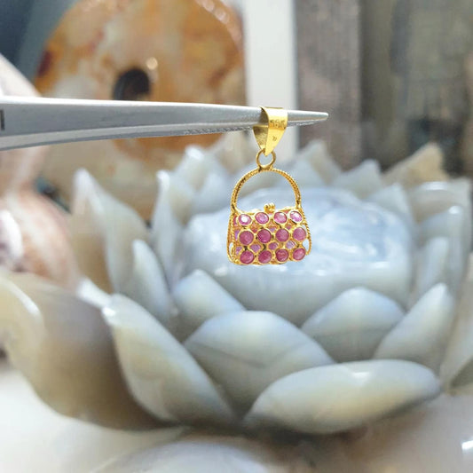 18K Gold Ruby Purse Pendant with Natural Red Rubies