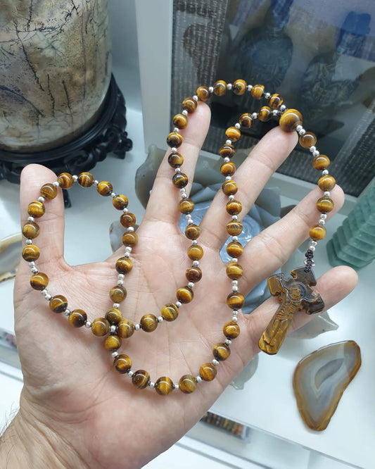 Tiger’s Eye Rosary Necklace | Natural Stone Beads | Gift Idea for Him or Her 🎁