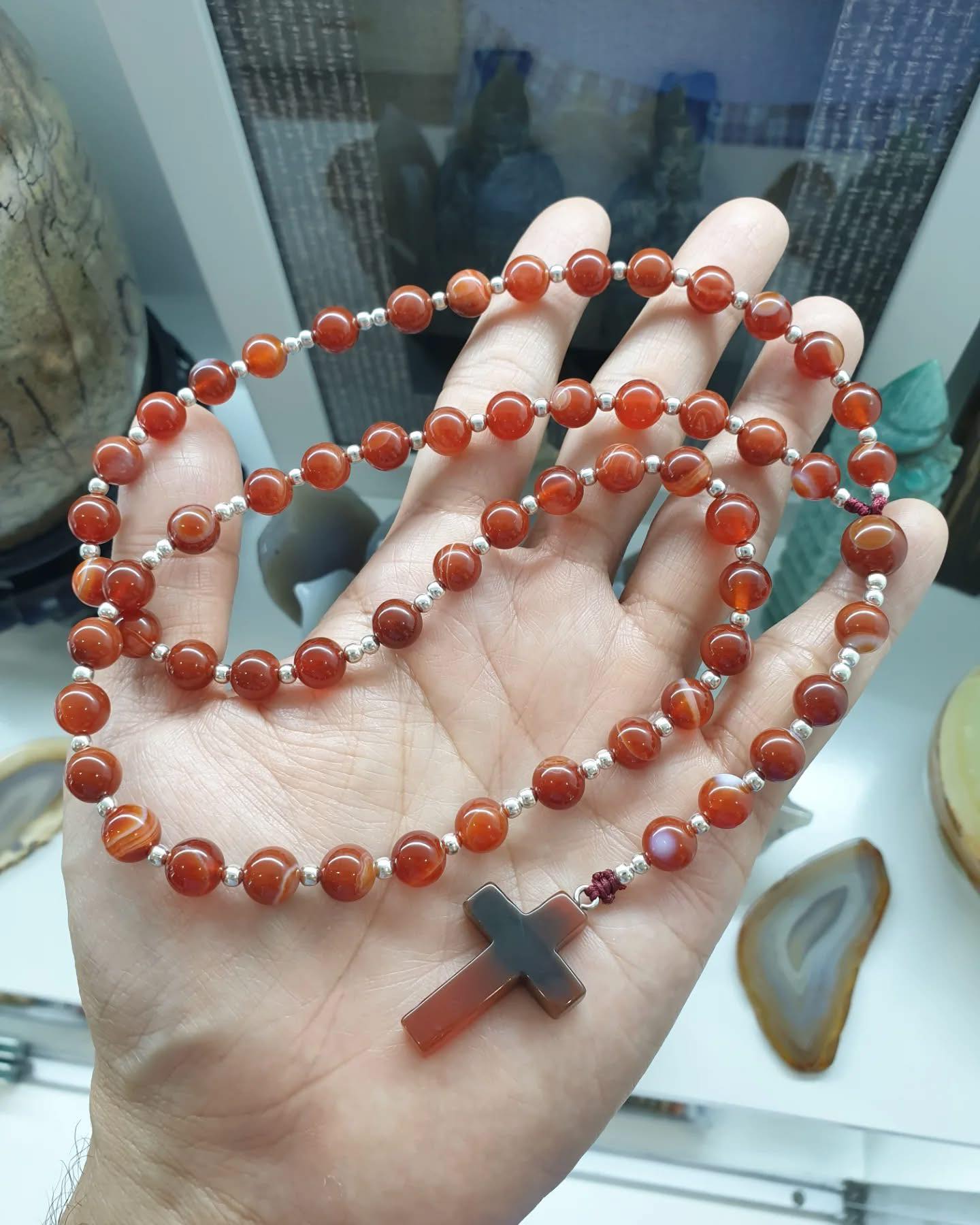 Sardonyx or Carnelian Rosary Beads Necklace | Natural Stones | Gift Idea for Him or Her 🎁