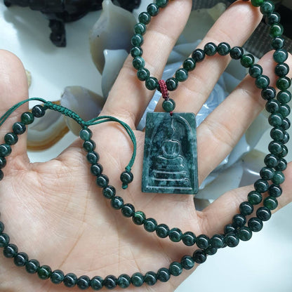 Blue Jade Buddha Beaded Necklace (27") | Fei Cui Type A Jadeite
