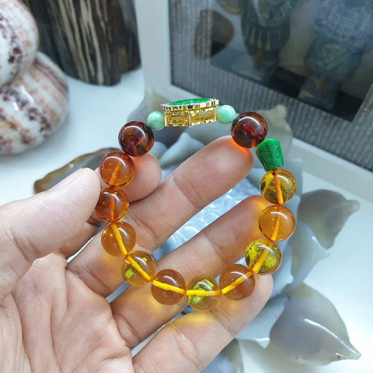 Fortune Jade, Diamond, 18K Gold & Amber Charm Bracelet | Original Fei Cui Jadeite | Solid Gold