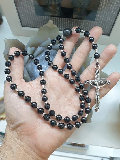 Black Jade Rosary Beads Necklace | Type A Original Jade + Sterling Silver | Gift Idea for Him or Her 🎁