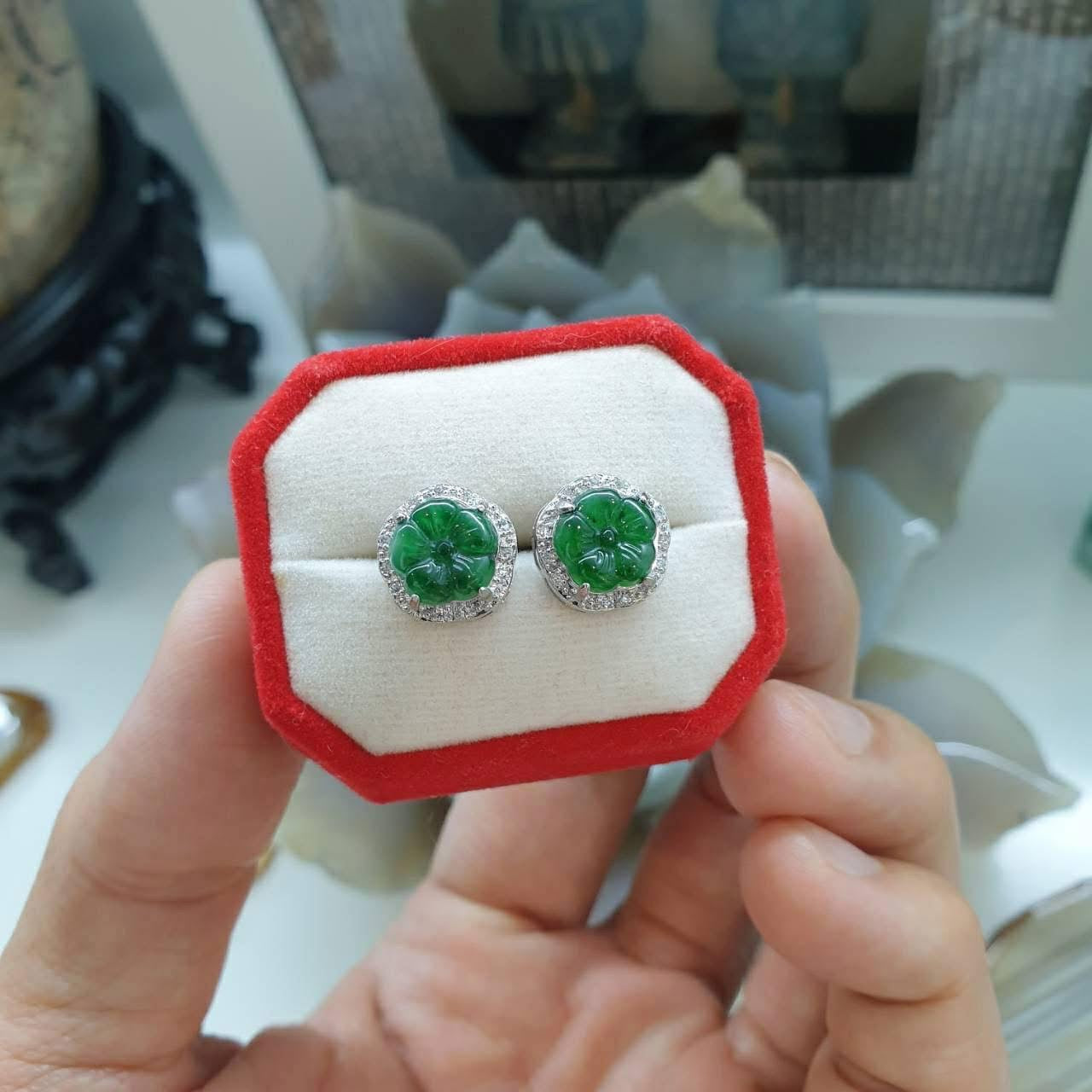 Green Jade Plum Blossom Earrings 🌸 | Natural Jadeite | Eye-catching Imperial Green