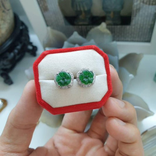 Green Jade Plum Blossom Earrings 🌸 | Natural Jadeite | Eye-catching Imperial Green