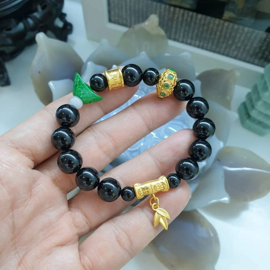 Black Tourmaline, Jade, Emeralds & 24K Gold Charm Bracelet