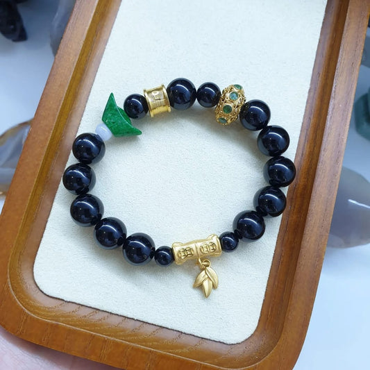 Black Tourmaline, Jade, Emeralds & 24K Gold Charm Bracelet