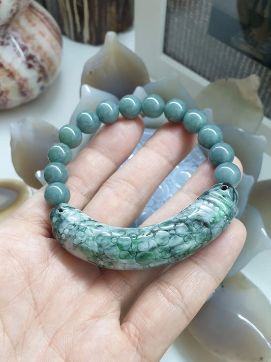 Blue Jade Bracelet with Floral Cylinder Charm