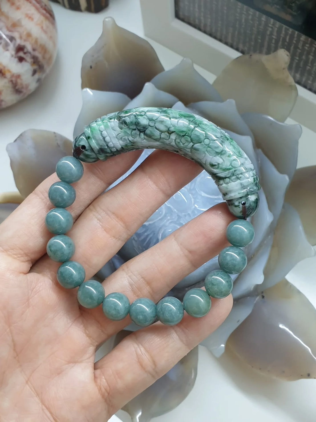 Blue Jade Bracelet with Floral Cylinder Charm