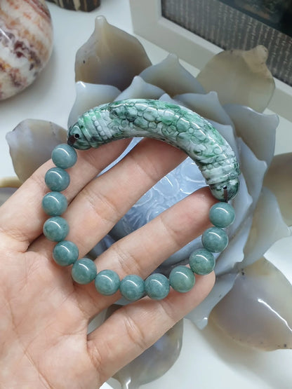 Blue Jade Bracelet with Floral Cylinder Charm