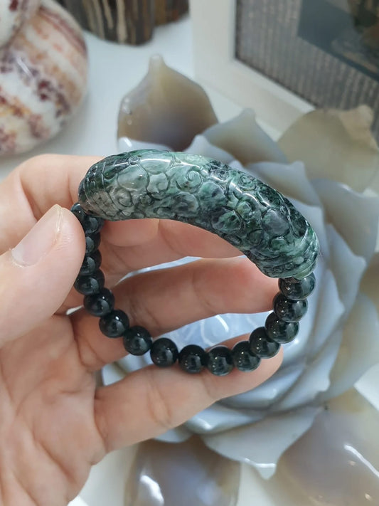 Blue Jade Bracelet with Flower Cylinder Charm