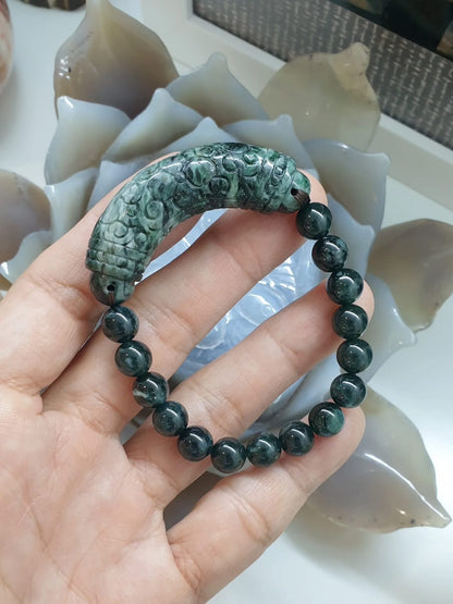 Blue Jade Bracelet with Flower Cylinder Charm
