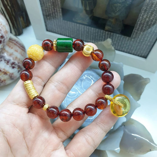 Cherry Amber Charm Bracelet | 24K Gold, Mawsitsit & Jade Ru Yi Bead Charm | Chic Wrist Candy for Her