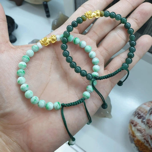 Jade Beaded Braided Bracelet with 24K Gold Pixiu Charm