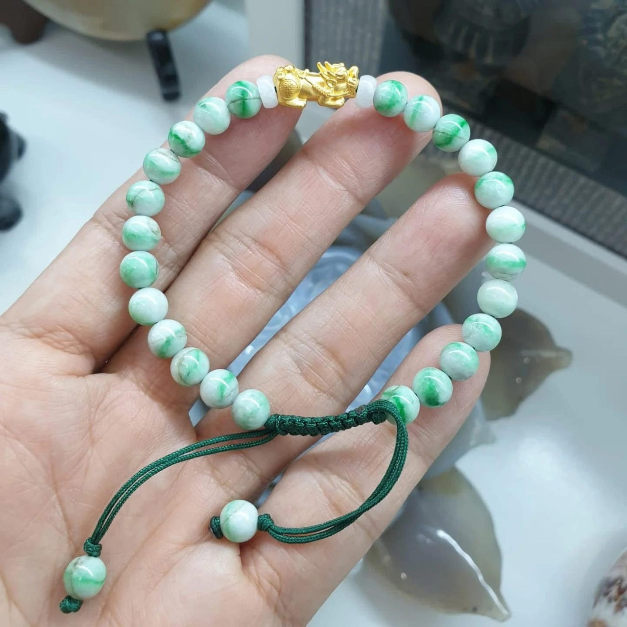 Jade Beaded Braided Bracelet with 24K Gold Pixiu Charm