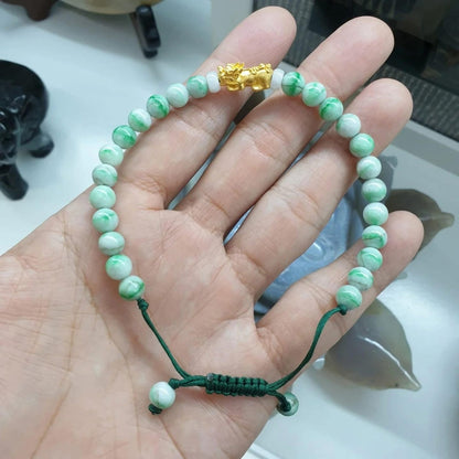 Jade Beaded Braided Bracelet with 24K Gold Pixiu Charm