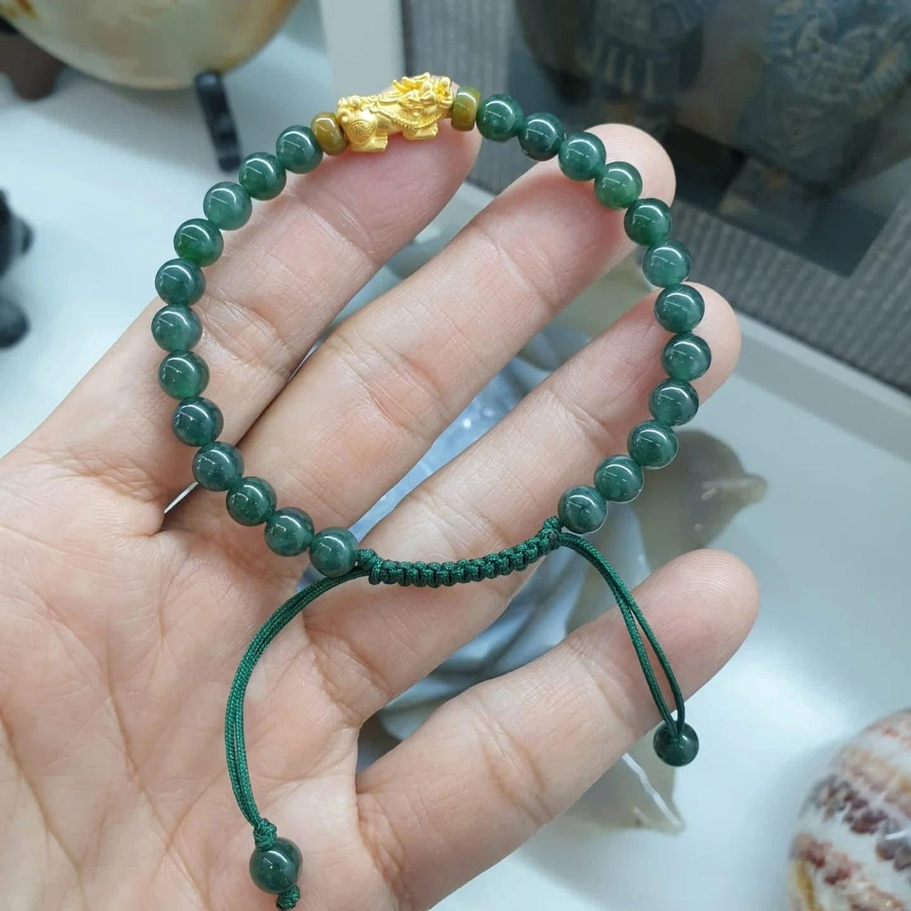 Jade Beaded Braided Bracelet with 24K Gold Pixiu Charm