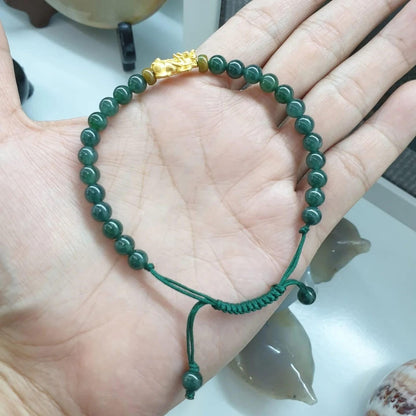 Jade Beaded Braided Bracelet with 24K Gold Pixiu Charm