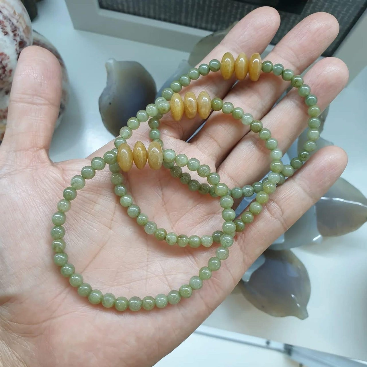 Brown Jade Abacus Bead Charms on Green Jade Beaded Bracelet