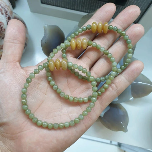 Brown Jade Abacus Bead Charms on Green Jade Beaded Bracelet
