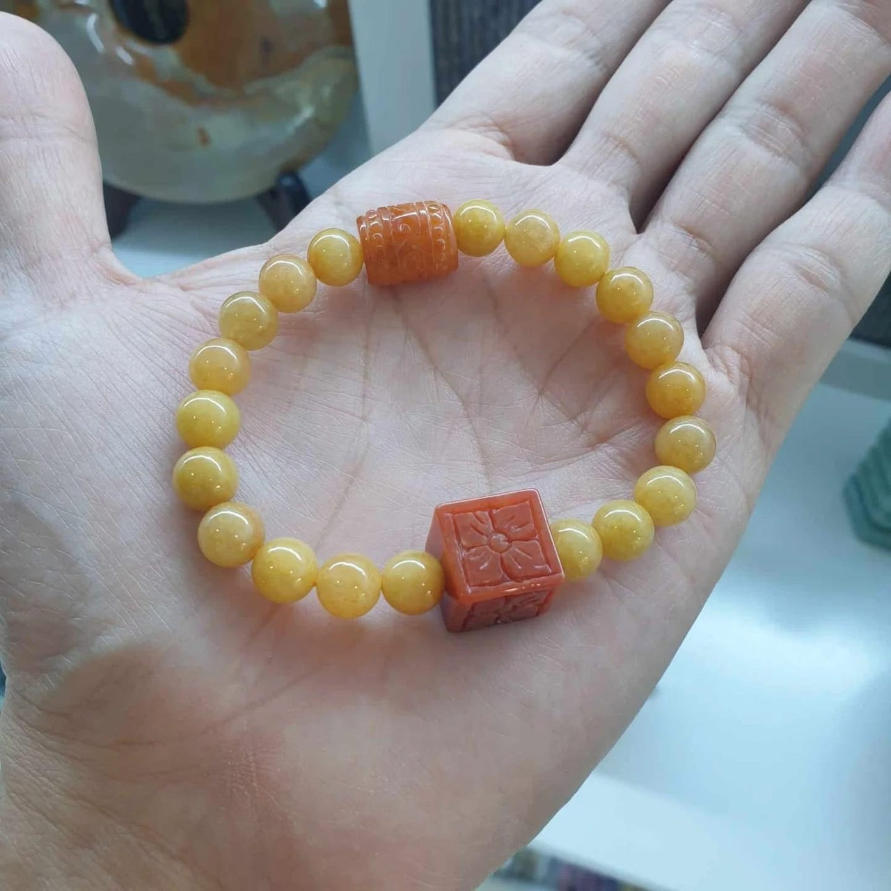 Jade Bracelet with Red, Orange & Yellow Beads