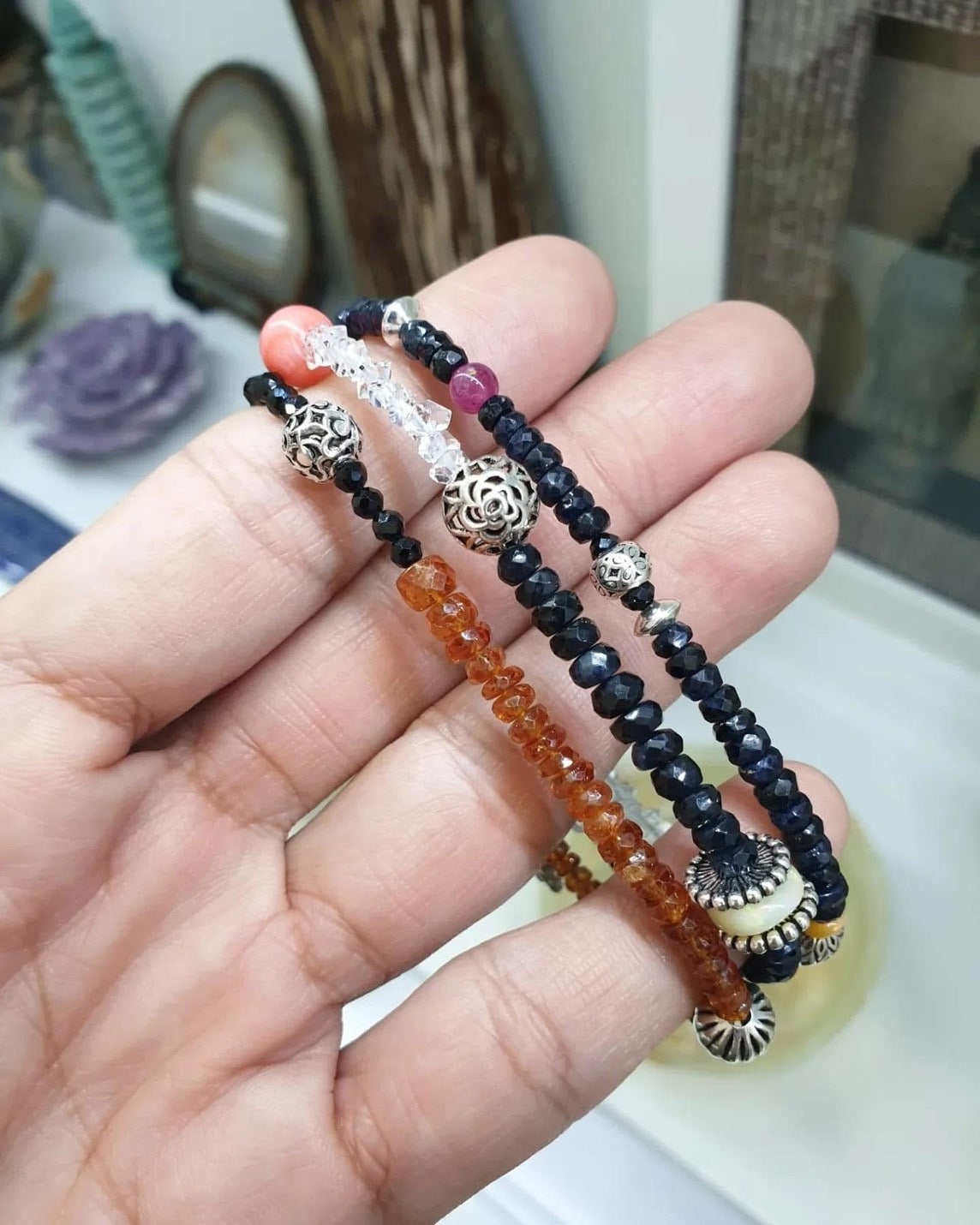 Multi-Tier Charm Bracelet | Natural Gemstone Beads | Sterling Silver Lock