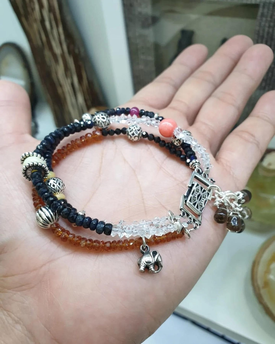 Multi-Tier Charm Bracelet | Natural Gemstone Beads | Sterling Silver Lock