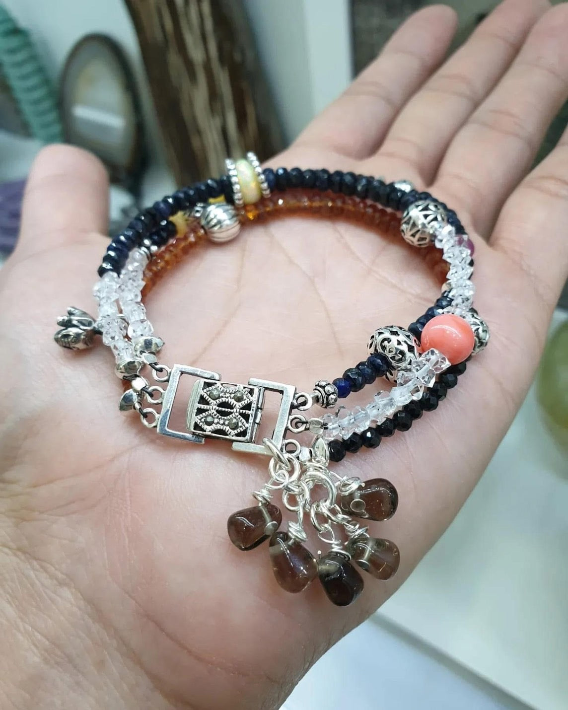 Multi-Tier Charm Bracelet | Natural Gemstone Beads | Sterling Silver Lock