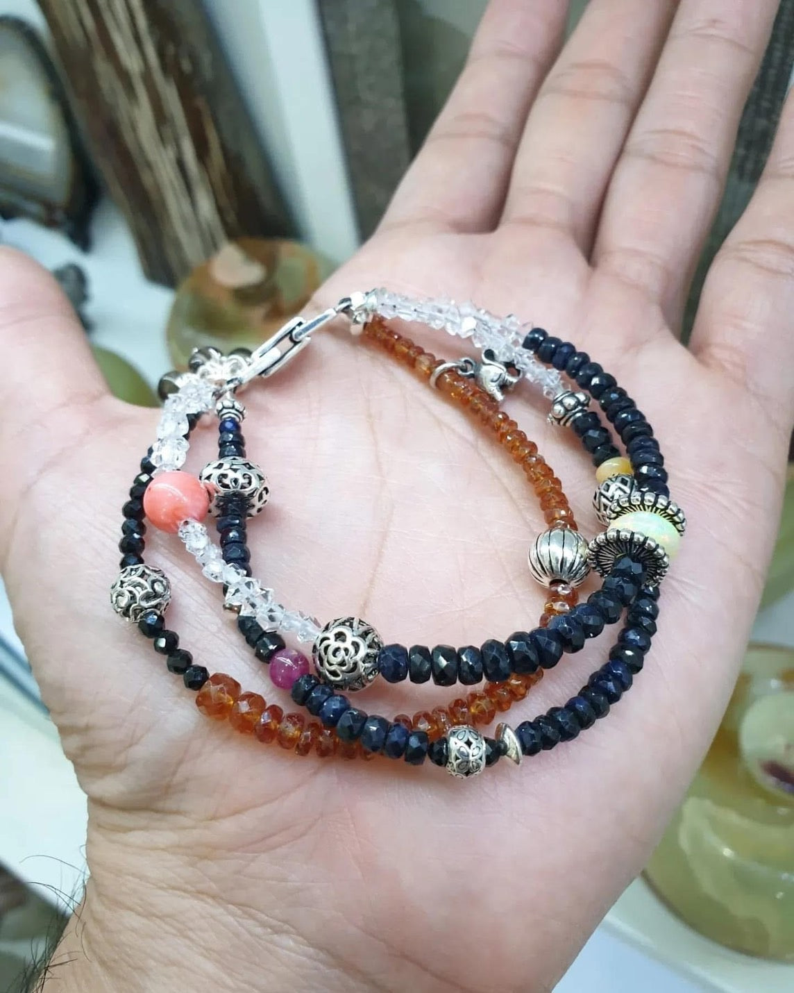 Multi-Tier Charm Bracelet | Natural Gemstone Beads | Sterling Silver Lock