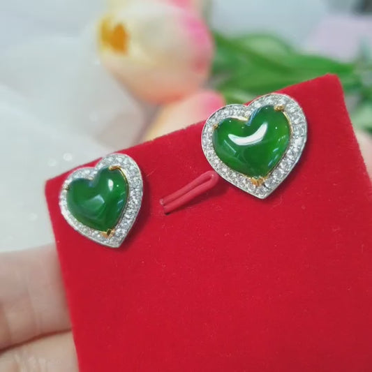 Jade and Diamond Heart Earrings | Solid 18K Gold | Type A Natural Imperial Green Jadeite