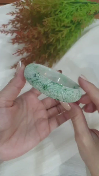 Carved Moss in Snow Jade Ru Yi Bangle S59 Type A Myanmar Jadeite Floral