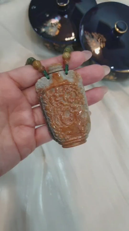 Dragon Phoenix Jade Snuff Bottle Necklace 24inch Type A Natural Myanmar Jadeite