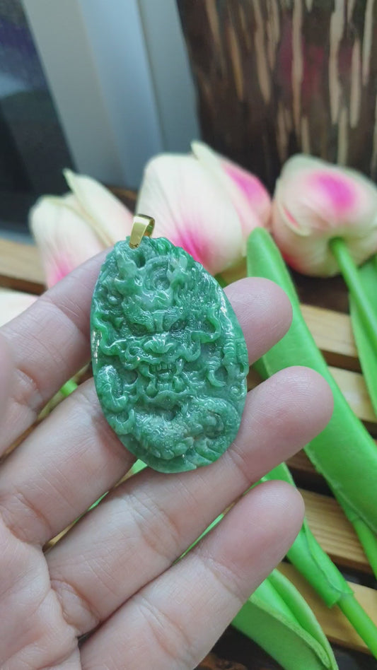 18K Gold Jade Dragon Pendant Fei Cui Type A Natural Green Jadeite