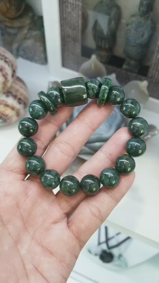 Green Jade Beads Bracelet | Ping An Kou and Barrel Charms | Authentic Type A Jadeite