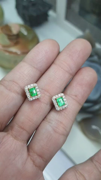 Colombian Emerald and Diamond Stud Earrings Solid 14K Yellow Gold