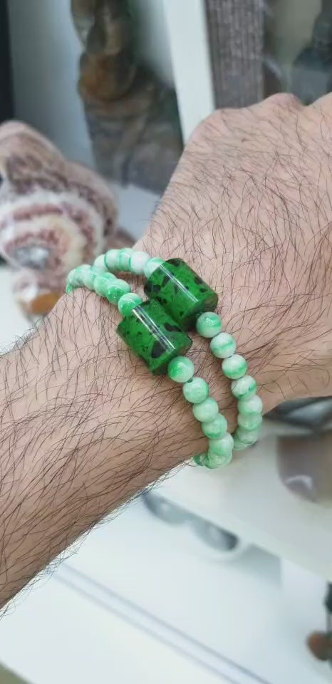 Moss in Snow Jade Bracelet with Mawsitsit | Fei Cui Type Natural Jadeite & Mawsitsit
