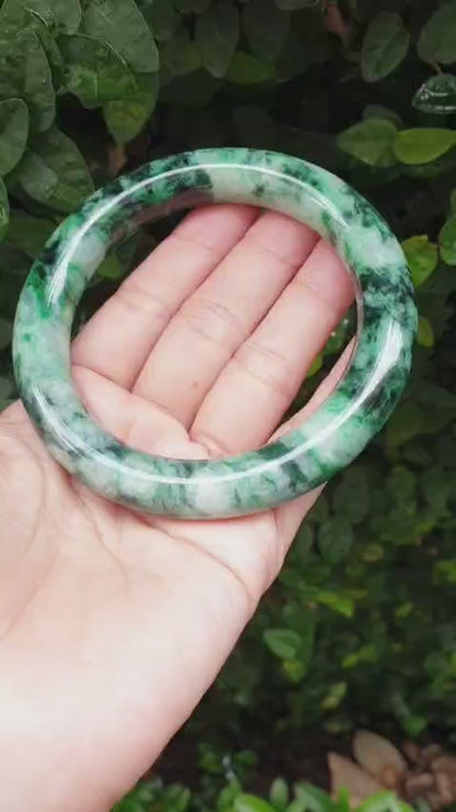 Jade Cylindrical Bangle S61 Marbled Green Fei Cui Type A Natural Jadeite
