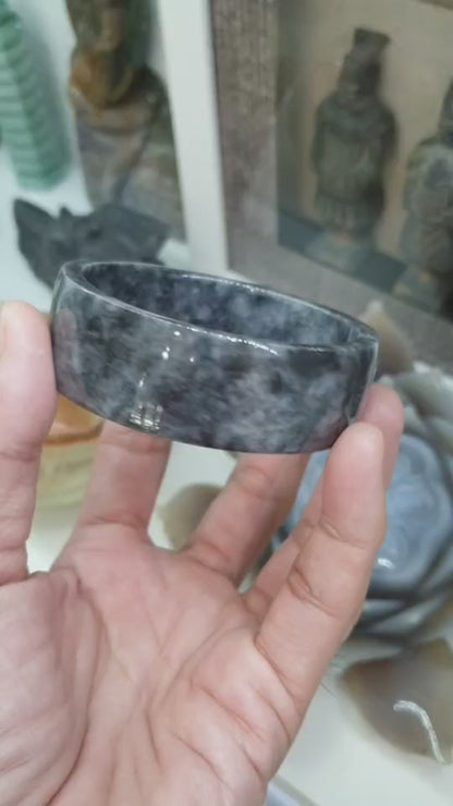 Jade Square Bangle S63 Marbled Black Gray Type A Natural Myanmar Jadeite