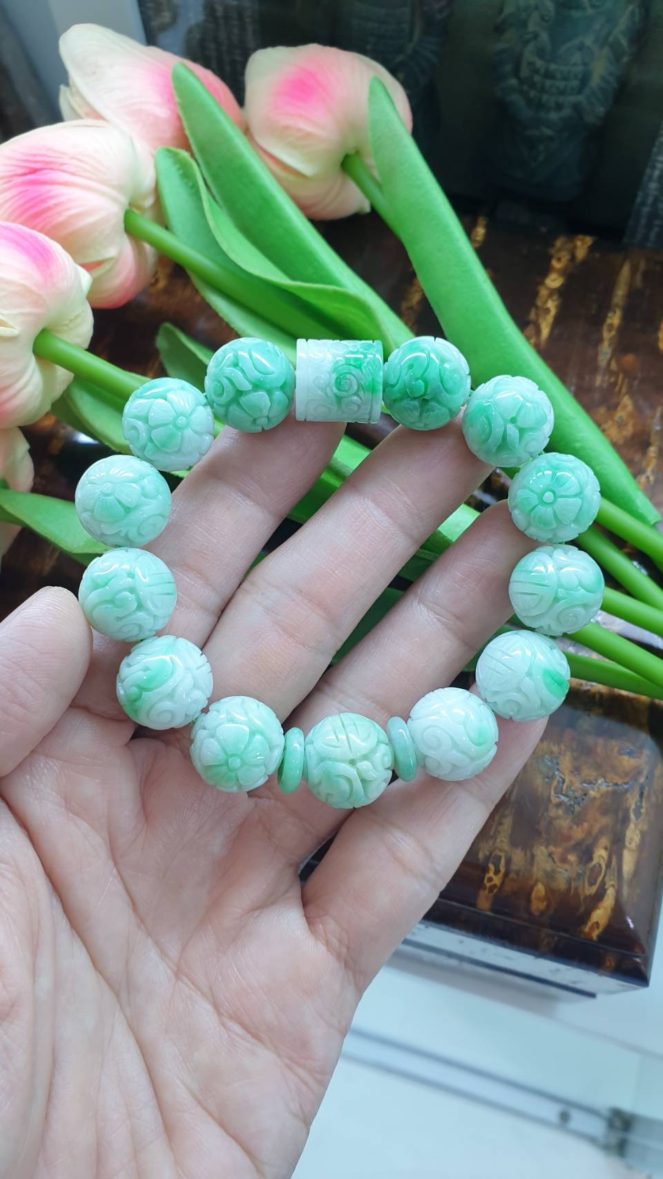Natural Moss In Snow Jade 17cm Bracelet with Cylinder and Ping An Kou Charm