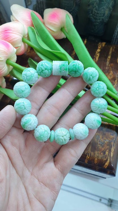 Natural Moss In Snow Jade 17cm Bracelet with Cylinder and Ping An Kou Charm