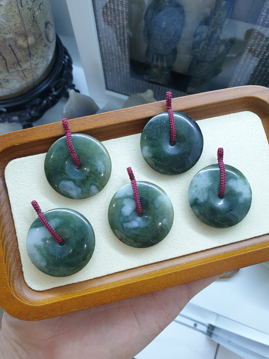 Marbled Green Jade Ping An Kou Pendant (4 cm) | Fei Cui - Type A Jadeite | Handwoven Thread Bail