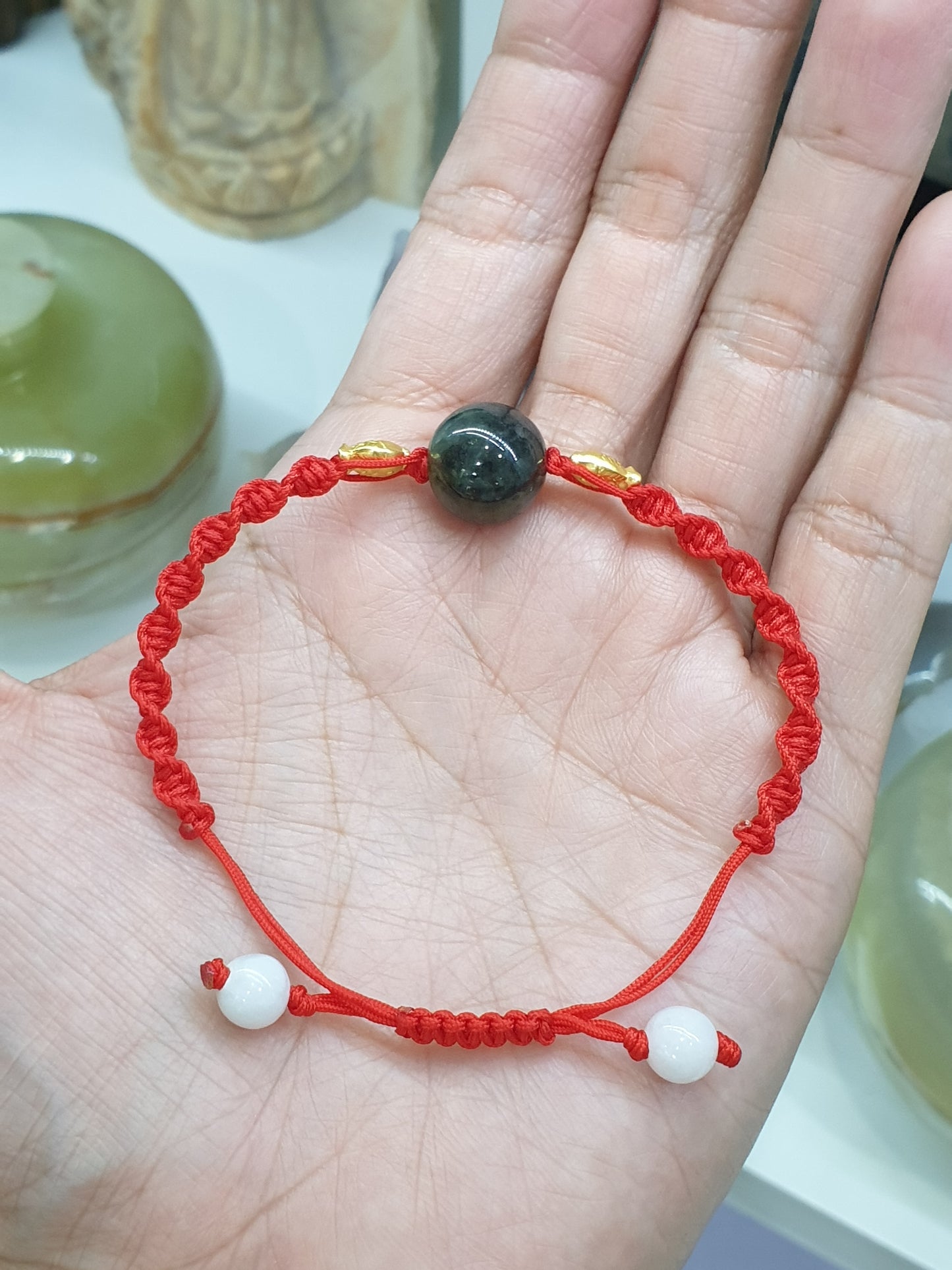 Jade & Koi Fish Red Thread Bracelet (Adjustable) | Pure 24K Gold | Fei Cui - Type A Jadeite