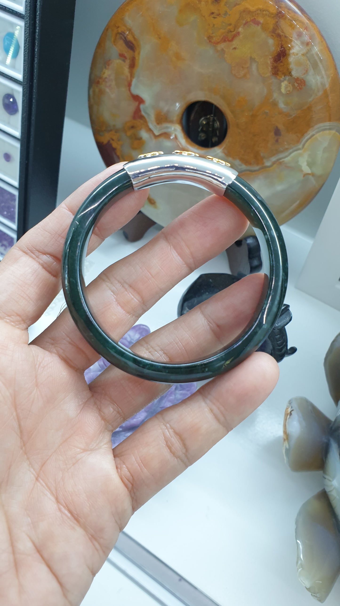 Trèfles Chanceux on Blue Jade Bangle (S 58) | Solid 9K Gold, Fei Cui Original Jadeite | Elegant Fortune Charm Wrist Candy