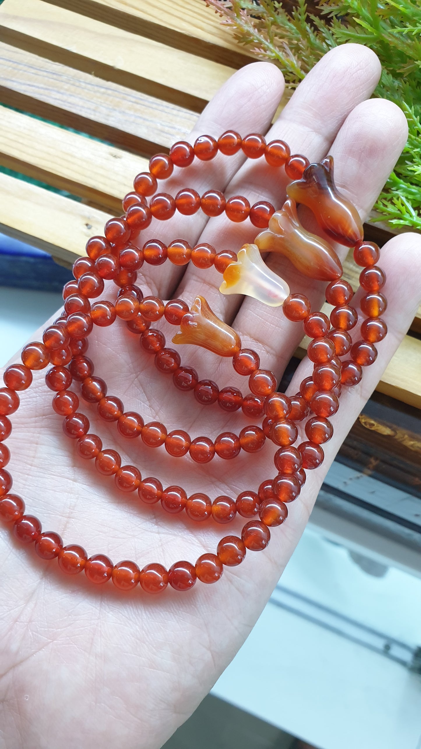 Carnelian Bracelets with Tulip Charms 17cm Natural Semiprecious Stone Beads